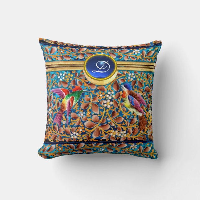 KOLOPENDE VOGELS EN ZWEEKDIEREN BLAUW-MONOGRAM KUSSEN (Voorkant)