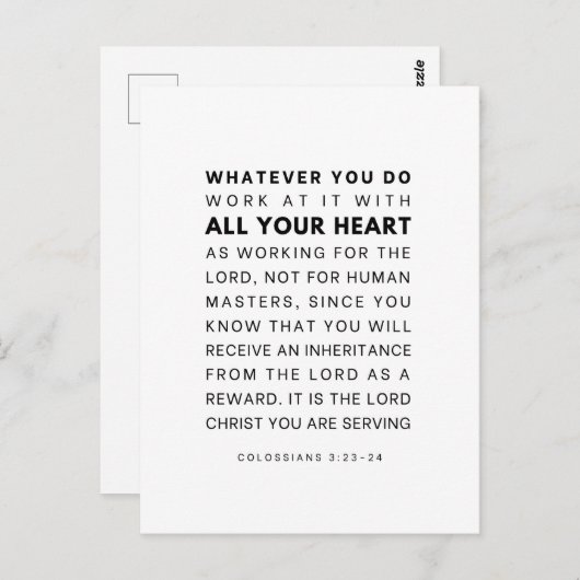 Kolossenzen 3:23-24 Werk er met heel uw hart aan Briefkaart (Voorkant / Achterkant)