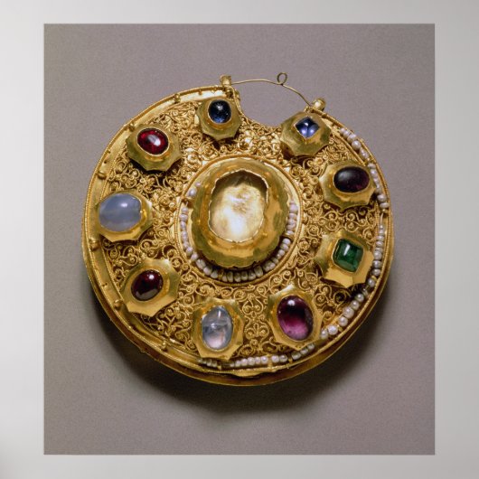 Kolt medallion, goudset met parels en poster (Voorkant)
