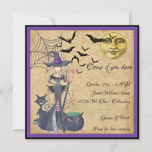 Kom als je durft heks Halloween Party Kaart (Voorkant)