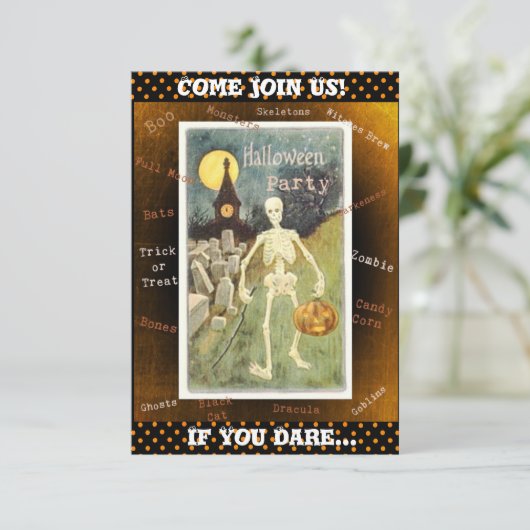 Kom bij ons! Skeleton Halloween Party Uitnodiging (Staand voorkant)