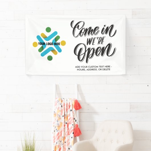 Kom binnen We're Open Voeg je aangepaste Logo toe Spandoek (Insitu)