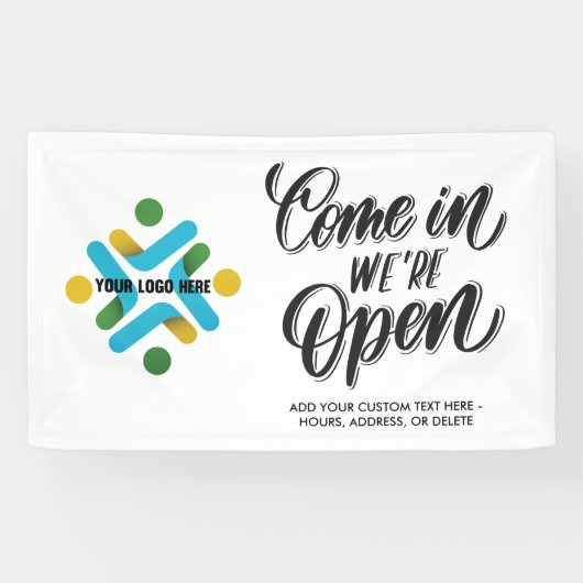 Kom binnen We're Open Voeg je aangepaste Logo toe Spandoek (Horizontaal)