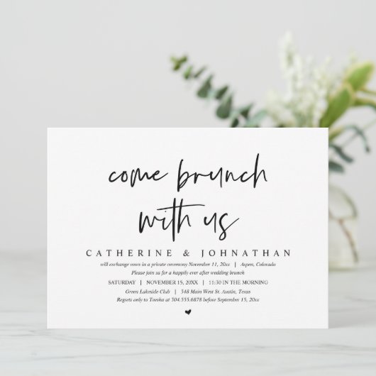 Kom brunch met ons, Bruiloft Elopement Party Kaart (Staand voorkant)