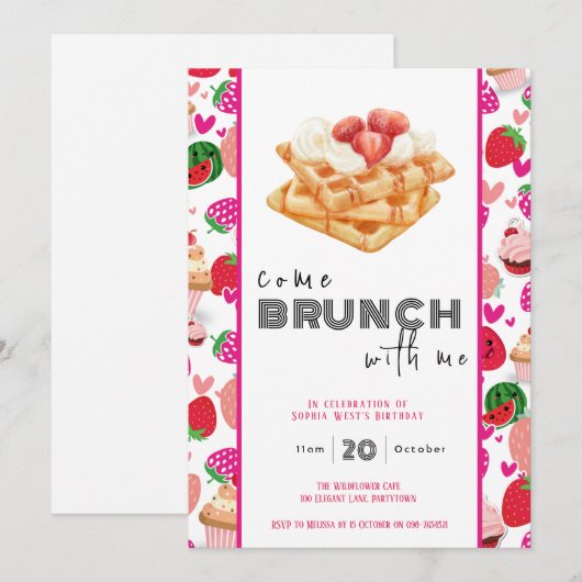 Kom Brunch With Me wit roze verjaardagsuitnodiging Kaart (Voorkant / Achterkant)