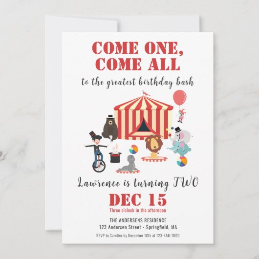 Kom een kom alle moderne circus carnaval verjaarda kaart (Voorkant)