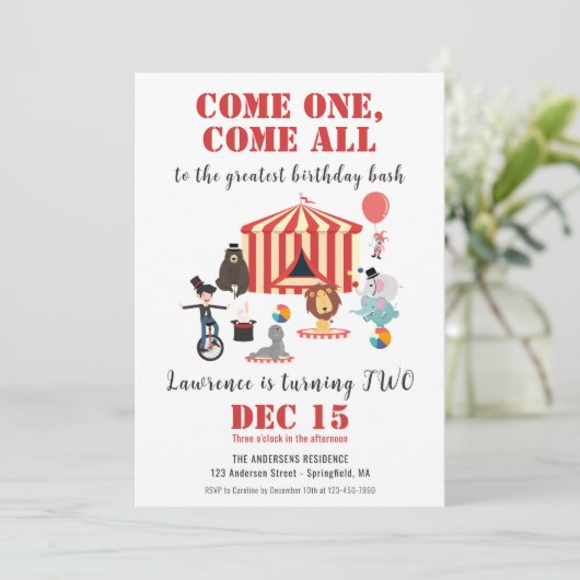 Kom een kom alle moderne circus carnaval verjaarda kaart (Staand voorkant)