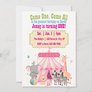 Kom Eén Kom Allen Roze 1e Circus Verjaardag Kaart