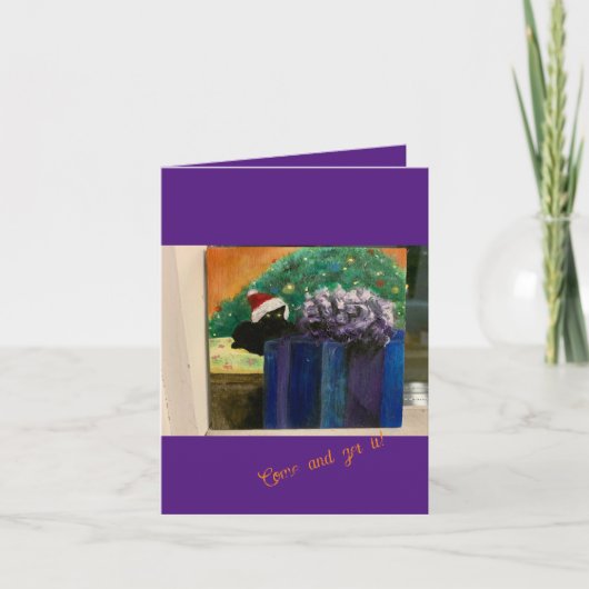 Kom en pak het! Zwarte kerstkaart voor kerstKat Feestdagen Kaart (Voorkant)