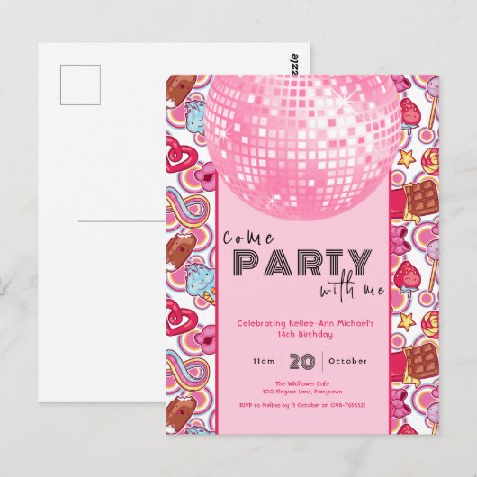 Kom Feest Met Mij roze verjaardagsuitnodiging Briefkaart (Voorkant / Achterkant)