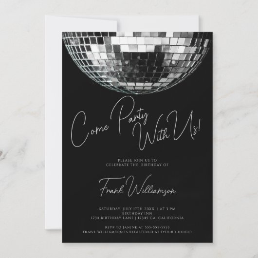 Kom feest zwarte moderne disco bal verjaardag kaart (Voorkant)