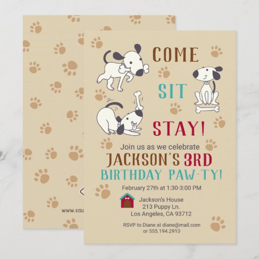 Kom, ga zitten, blijf - jongens Dog Birthday party Kaart (Voorkant / Achterkant)