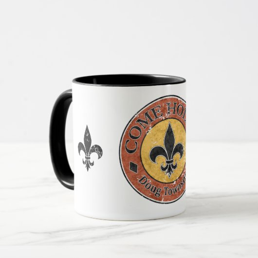 Kom Holla! Fleur-de-lis Circle Logo Mok (Voorkant links)