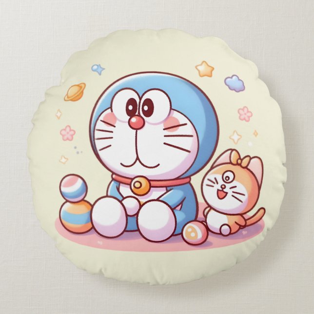 Kom Kom Kat En Doraemon Rond Kussen (Voorkant)