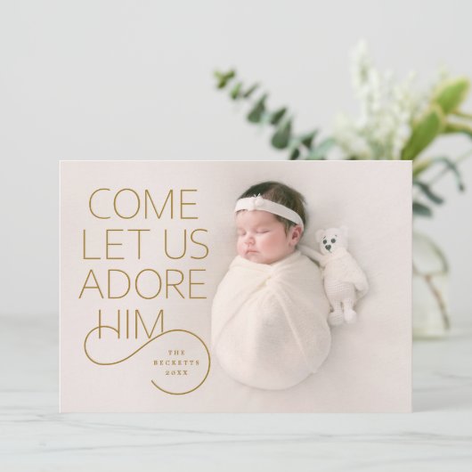 Kom laat ons Hem aanbidden Bloed Kerstfoto Kaart (Staand voorkant)