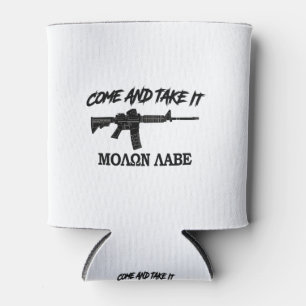 Kom maar mee. Molon Labe. Zwart in het Grieks. Blikjeskoeler