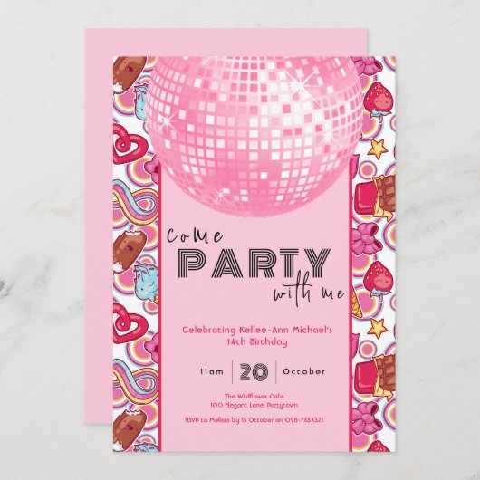 Kom met mij feesten roze verjaardagsuitnodiging kaart (Voorkant / Achterkant)