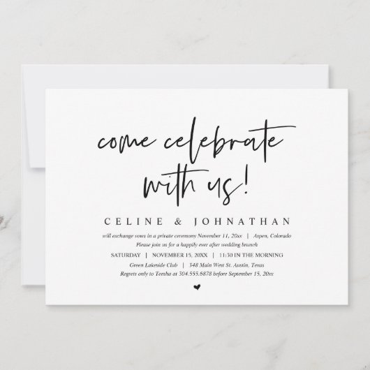 Kom met ons vieren, bruiloft Elopement Brunch Kaart (Voorkant)