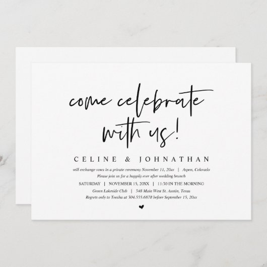 Kom met ons vieren, bruiloft Elopement Brunch Kaart (Voorkant / Achterkant)