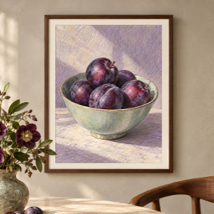 Kom met pruimen in potlood Kunstprint Poster