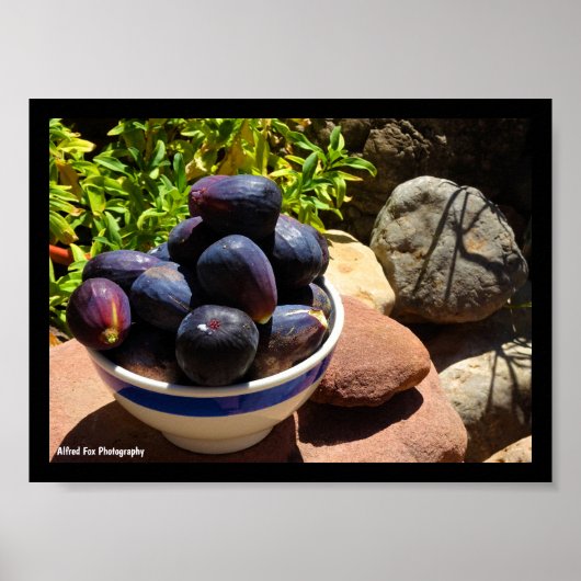 Kom met vijgenfruit op steen poster (Voorkant)