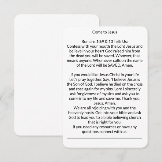 Kom naar de Kaart van Jezus Salvation Prayer (Voorkant / Achterkant)