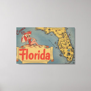Kom naar Florida Kaart van de staat, Pin-Up Girl Canvas Afdruk
