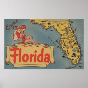 Kom naar Florida Kaart van de staat, Pin-Up Girl Poster