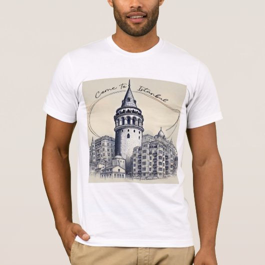 Kom naar Istanbul | Galata Tower Sketch Art T-shirt (Voorkant)