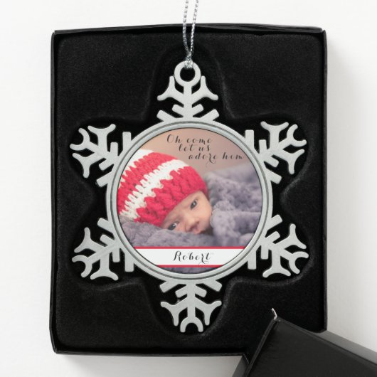 Kom ons Adore Baby Foto geven Tin Sneeuwvlok Ornament (Kistje)