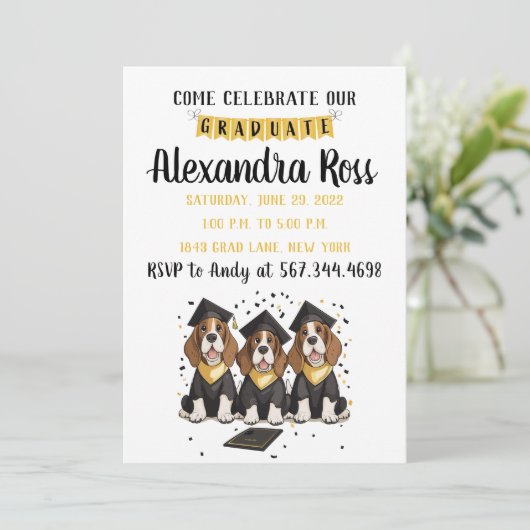 Kom onze Afstuderen Basset Hound Dogs vieren Kaart (Staand voorkant)