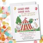 Kom op, alle Circus Thlek Kids van afgelopen dag. Kaart<br><div class="desc">Circus noemde de verjaardagsuitnodiging voor kinderen van elke leeftijd. De uitnodiging heet: "Kom één, kom allemaal naar de Grote Partij op Aarde" - perfect voor het uitnodigen van je gasten om meteen mee te doen aan de lol! Het ontwerp is voorzien van een grote top met circusdieren die in het...</div>