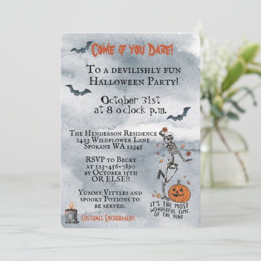 Kom op als je het skeletons halloween party hebt kaart (Staand voorkant)