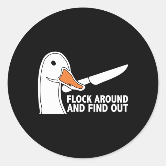 Kom rond en ontdek gans met messenganzen ronde sticker (Voorkant)