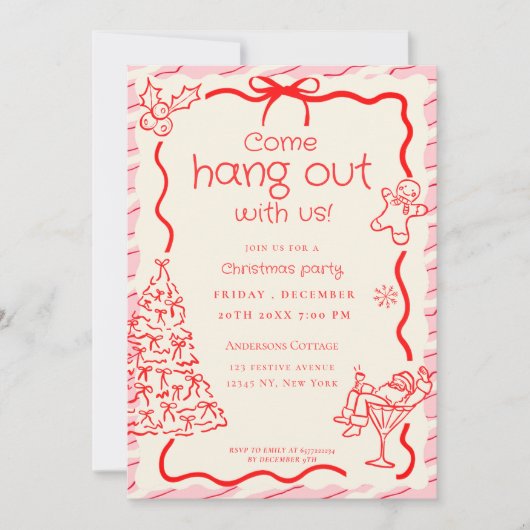 Kom rondhangen Whimsical Red Pink Christmas Party Kaart (Voorkant)