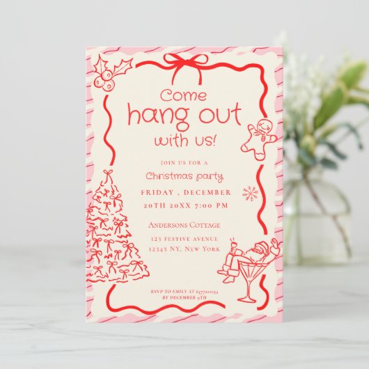 Kom rondhangen Whimsical Red Pink Christmas Party Kaart (Staand voorkant)