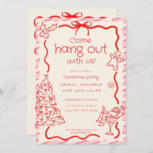 Kom rondhangen Whimsical Red Pink Christmas Party Kaart (Voorkant / Achterkant)