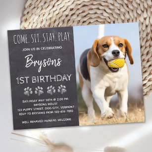 Kom Sit Blijf spelen Chalkboard Puppy Dog Verjaard Uitnodiging Briefkaart