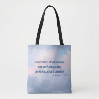 Kom tot mij...... Bijbelvers Christelijke typograf Tote Bag
