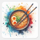 Kom van Ramen Noodles, Ei en Chopsticks Vierkante Sticker (Voorkant)