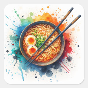 Kom van Ramen Noodles, Ei en Chopsticks Vierkante Sticker