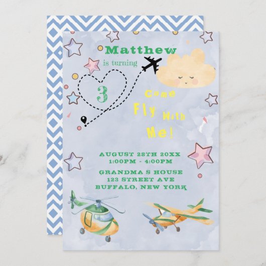 Kom Vlieg Met Me Vliegtuigen Jongens Verjaardagsfe Aankondiging (Voorkant / Achterkant)
