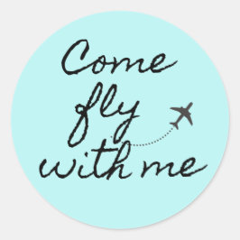 Kom vliegen met mij blauw/zwart minimalist ronde sticker