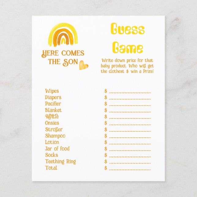 Komaan Son Sunshine Rainbow Baby shower Price Game (Voorkant)