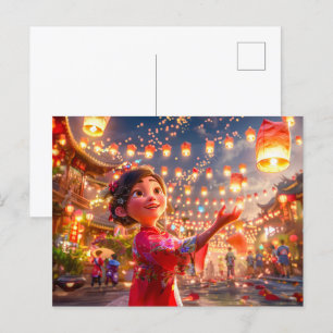 Komisch meisje met lantaarns viert Chinees Nieuwja Feestdagenkaart