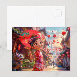 Komisch meisje met parasol in zonnige scène feestdagenkaart