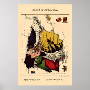 Komische kaart van Spanje en Portugal Vintage Poster
