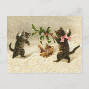 komische katten kat sneeuwbal gevecht Vintage Kers Feestdagenkaart