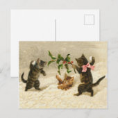 komische katten kat sneeuwbal gevecht Vintage Kers Feestdagenkaart (Voorkant / Achterkant)