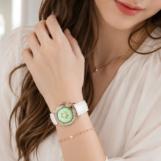 Komkommer Slice Roze Goud Witte Leren Band Horloge